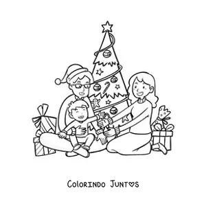 Desenho para colorir de familia unida no Natal junto a arvore