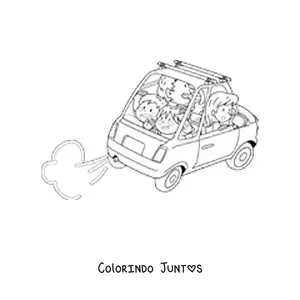 Desenho para colorir de uma família animada em um carro