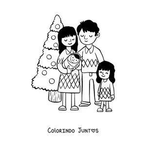 Desenho para colorir de familia com bebe junto a arvore de Natal