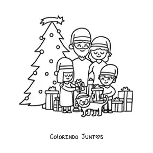 Desenho para colorir de familia de 4 integrantes com gato junto a arvore de Natal