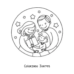 Desenho para colorir de familia de 3 pessoas no Natal com presente