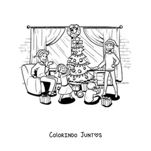 Desenho para colorir de familia abrindo presentes no Natal em casa
