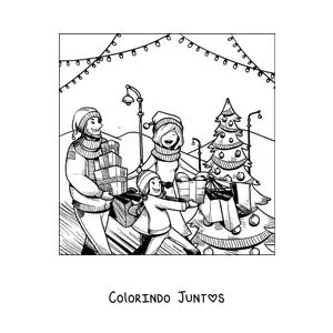 Desenho para colorir de familia fazendo as compras de Natal