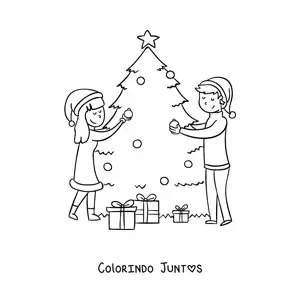 Desenho para colorir de casal decorando a arvore de Natal