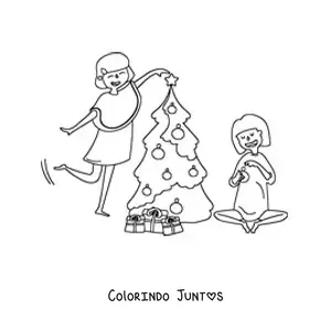 Desenho para colorir de duas meninas decorando a arvore de Natal