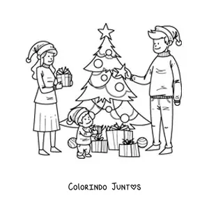 Desenho para colorir de familia na manha de Natal com presentes junto a arvorezinha