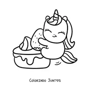 Desenho para colorir de um unicórnio animado kawaii com um bolo de morango