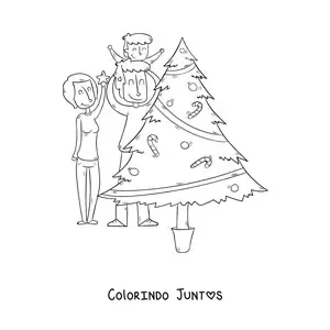 Desenho para colorir de familia decorando a arvore de Natal
