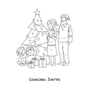 Desenho para colorir de familia com menino junto a arvore de Natal com presentes