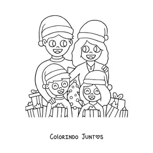 Desenho para colorir de familia de 4 membros unida no Natal