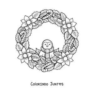 Desenho para colorir de guirlanda de Natal com pinguim kawaii e flores