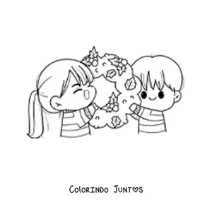 Desenho para colorir de casal kawaii com guirlanda de Natal