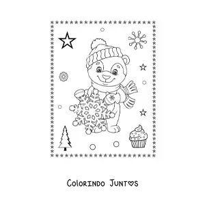 Desenho para colorir de urso de Natal animado com floco de neve