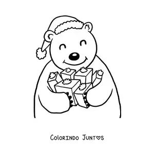 Desenho para colorir de urso com presentes e gorro de Natal