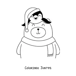 Desenho para colorir de urso com pinguim e gorro de Natal