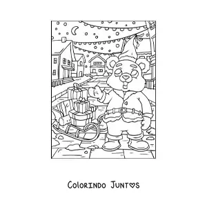 Desenho para colorir de urso de Natal vestido de Papai Noel com treno cheio de presentes