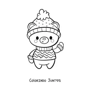 Desenho para colorir de urso de Natal kawaii com sueter e gorro