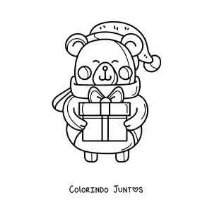 Desenho para colorir de urso de Natal kawaii com presente