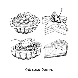 Desenho para colorir de quatro bolos de frutas diferentes