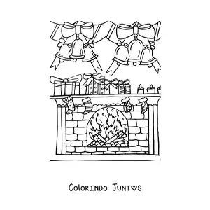 Desenho para colorir de lareira decorada com meias e sinos de Natal