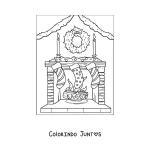 Desenho para colorir de lareira decorada com meias e guirlanda de Natal