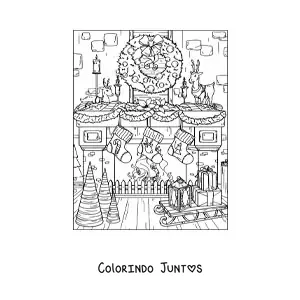 Desenho para colorir de lareira realista decorada para o Natal