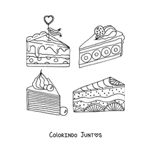 Desenho para colorir de quatro fatias triangulares de bolos com frutas