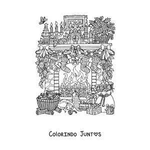 Desenho para colorir de lareira realista decorada para o Natal com presentes