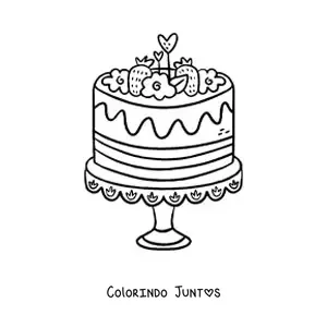 Desenho para colorir de um bolo decorado com morangos e flores
