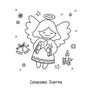Desenho para colorir de anjo de Natal kawaii com estrela