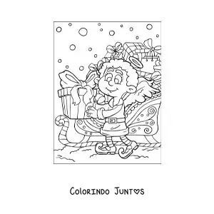 Desenho para colorir de anjo de Natal animado com presentes