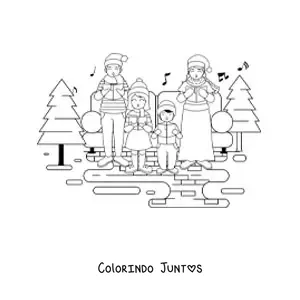Desenho para colorir de familia grande cantando cancoes de Natal