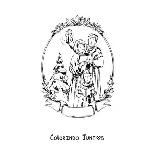 Desenho para colorir de familia vintage cantando cancoes de Natal