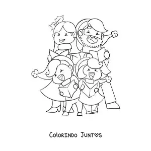 Desenho para colorir de familia cantando cancoes de Natal alegres