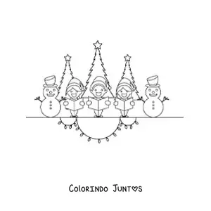 Desenho para colorir de criancas e bonecos de neve animados cantando cancoes de Natal