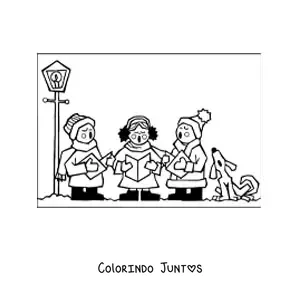 Desenho para colorir de criancas e cachorro cantando cancoes de Natal
