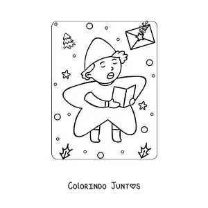 Desenho para colorir de menino fantasiado de estrela cantando cancoes de Natal
