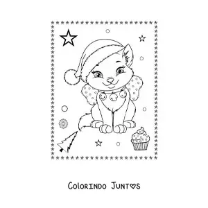 Desenho para colorir de gato natalino kawaii com laco