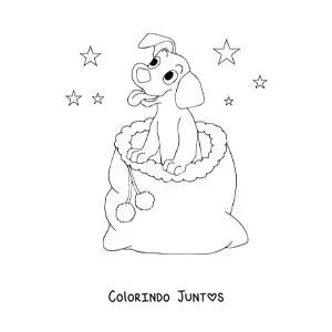 Desenho para colorir de cachorro natalino kawaii em saco de presentes
