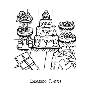 Desenho para colorir de vários bolos e sobremesas