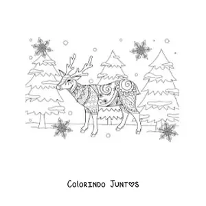 Desenho para colorir de cervo natalino em estilo zentangle com pinheiros