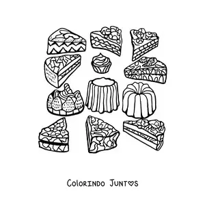 Desenho para colorir de várias fatias de bolos e sobremesas