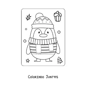 Desenho para colorir de pinguim natalino com cachecol e gorro
