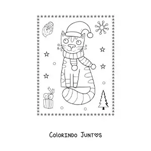 Desenho para colorir de gato natalino com cachecol