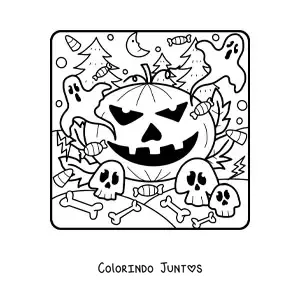 Desenho para colorir de abobora de Halloween grande com fantasmas