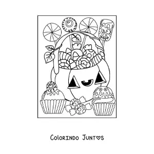 Desenho para colorir de abobora de Halloween kawaii com doces