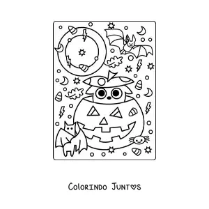 Desenho para colorir de abobora de Halloween animada com gato kawaii