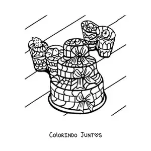 Desenho para colorir de um bolo ao lado de várias sobremesas
