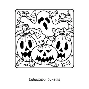 Desenho para colorir de aboboras de Halloween juntas com fantasma