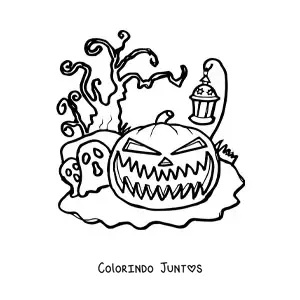 Desenho para colorir de abobora de Halloween assustadora com lanterna